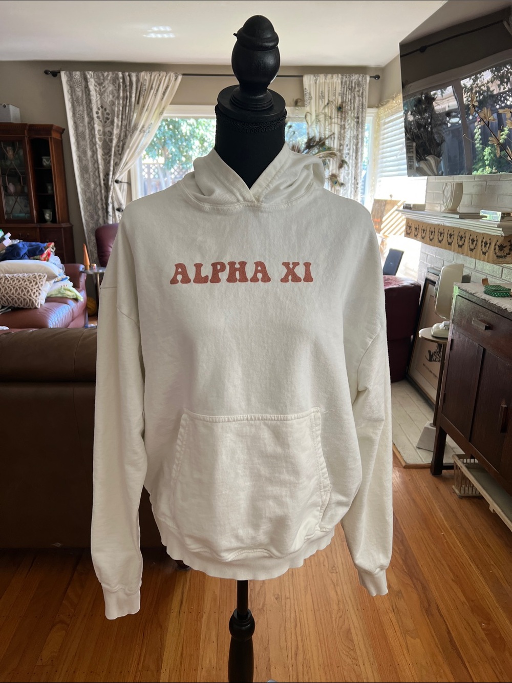 Alpha XI Cream Hoodie with Rust Print - Relaxed Pullover- see details for flaws